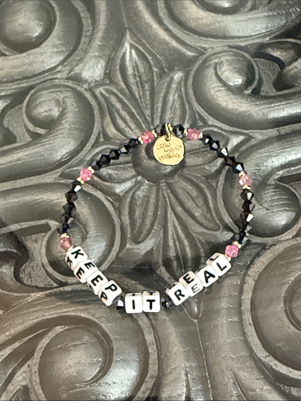 Little Words Project Keep It Real Beaded Stretch Bracelet Pink & Black Crystals - Picture 4 of 8